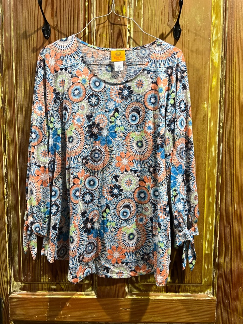 Ruby Rd. Floral Tie-Sleeve Blouse in Coral Blue